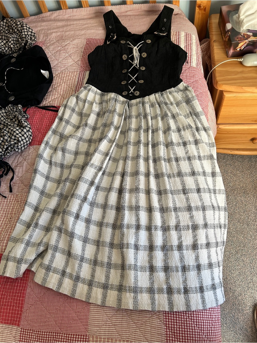Black and White Plaid Kids Dress with Lace-Up Bodice